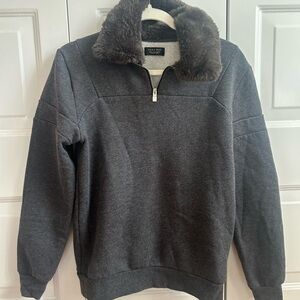 Zara Gray Zip Up Sweater with Brown Fur Collar